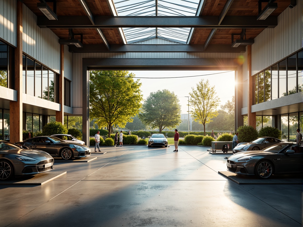 Prompt: Vibrant garage interior, abundant natural light, clerestory windows, skylights, translucent roof panels, polished concrete floors, industrial metal beams, wooden accents, modern minimalist decor, sleek car display platforms, automatic sliding glass doors, surrounding lush greenery, morning sunlight, soft warm glow, shallow depth of field, 1/1 composition, realistic textures, ambient occlusion.