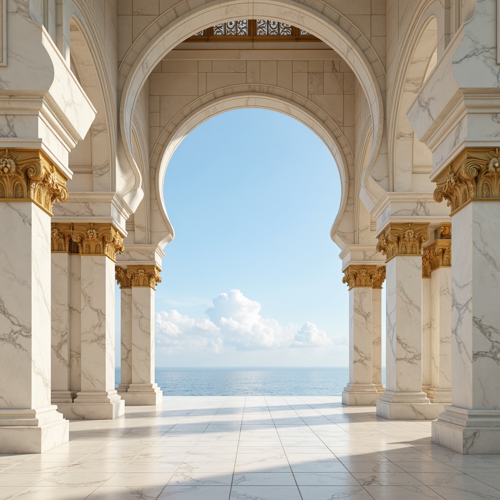 Prompt: Soft sky blue hues, creamy whites, warm beige tones, rich golden accents, elegant marble textures, ornate moldings, intricate carvings, subtle cream-colored stucco, refined architectural details, classic columns, grand archways, serene natural light, gentle cloud formations, wispy cirrus clouds, soft focus, shallow depth of field, 1/2 composition, warm atmospheric perspective.