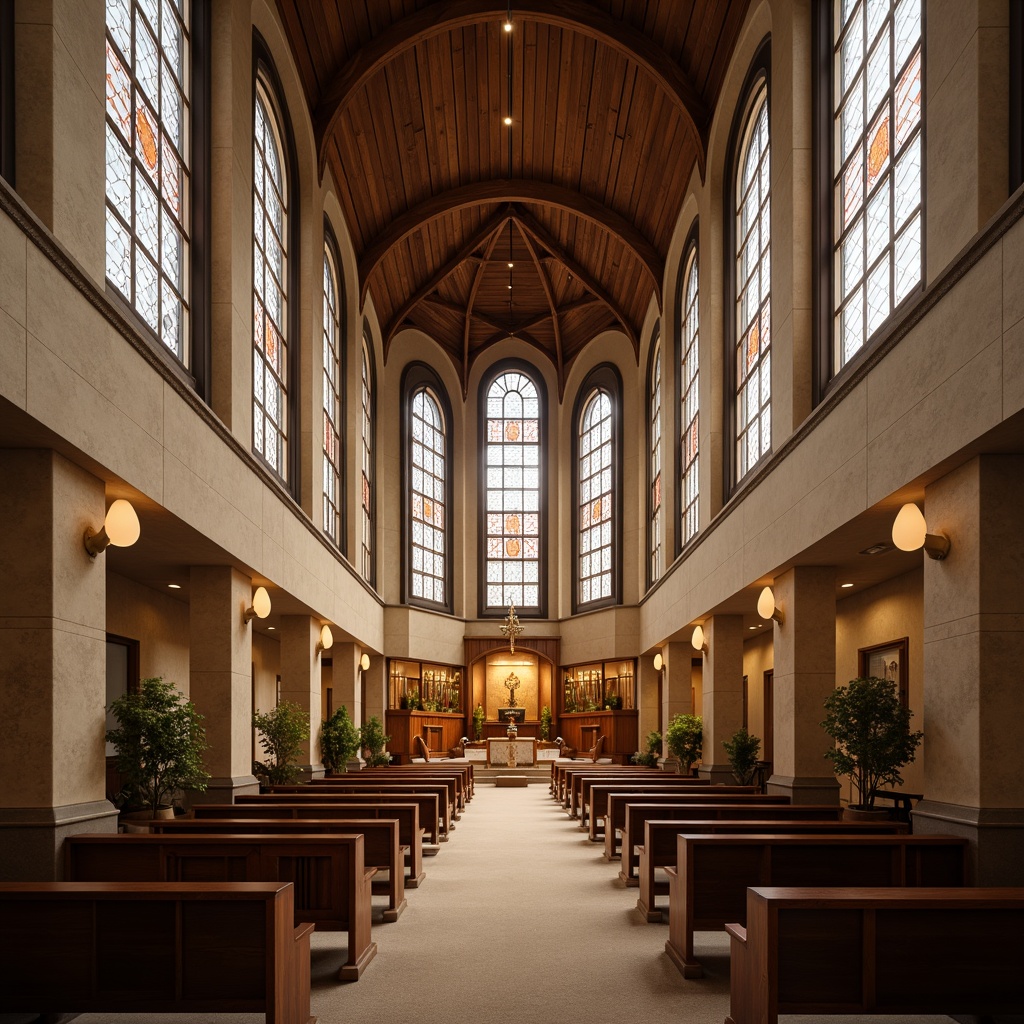 Prompt: Elegant church interior, high ceilings, stained glass windows, wooden pews, ornate altars, reverberant spaces, sound-absorbing materials, acoustic panels, diffusers, bass traps, sound-reflecting surfaces, tiered seating, carpeted floors, upholstered chairs, soft warm lighting, natural stone walls, minimalist decor, 1/1 composition, intimate atmosphere, realistic textures, ambient occlusion.