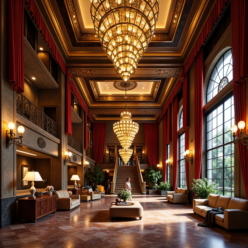 Prompt: Luxurious ballroom, ornate chandeliers, geometric metalwork, glossy marble floors, opulent furnishings, velvet drapes, grand staircase, lavish decorations, vibrant jewel-toned colors, metallic accents, beveled glass, intricate patterns, symmetrical compositions, warm golden lighting, soft glowing ambiance, 1/2 composition, high-contrast ratio, cinematic mood.