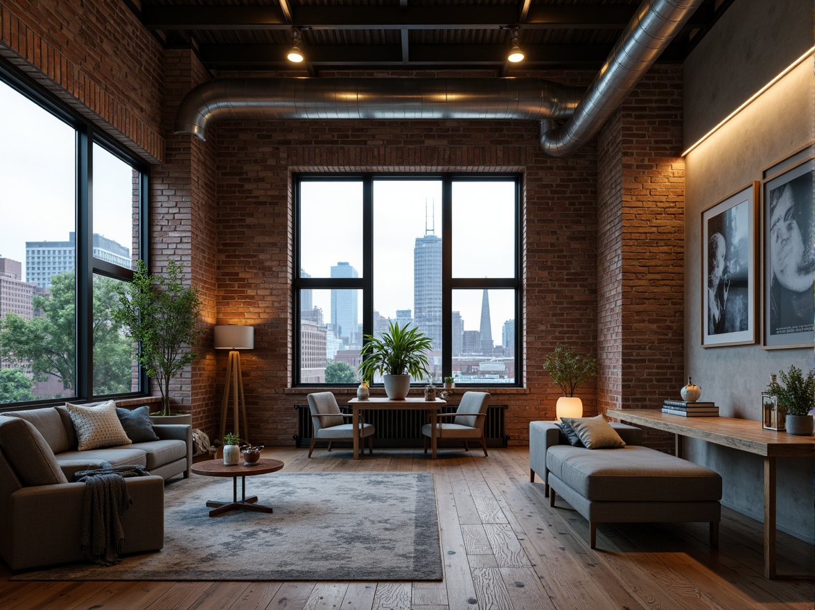 Prompt: Industrial chic loft, exposed brick walls, metal beams, reclaimed wood floors, urban cityscape views, neutral background colors, warm accent tones, earthy brown hues, deep blue undertones, rich charcoal grays, minimalist decor, modern industrial lighting, airy open spaces, natural textures, soft atmospheric glow, low-key shadows, 2/3 composition, cinematic mood, gritty urban feel.