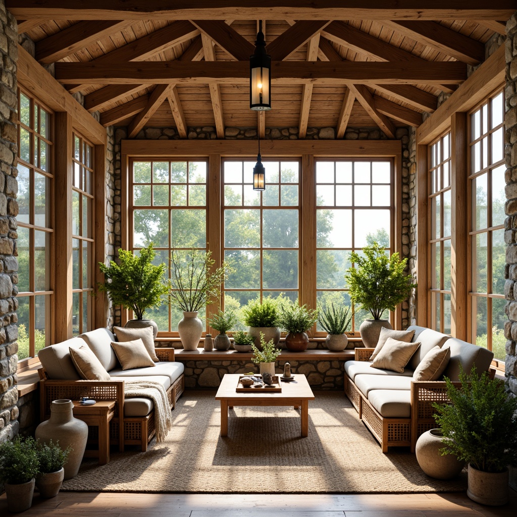 Prompt: Rustic sunroom, wooden beams, natural stone walls, earthy tones, warm lighting, cozy atmosphere, plush furniture, woven textiles, ceramic vases, potted plants, craftsman-style decor, wooden accents, lantern-style lighting, nature-inspired patterns, organic shapes, distressed wood finishes, soft pastel colors, shallow depth of field, 1/2 composition, realistic textures, ambient occlusion.