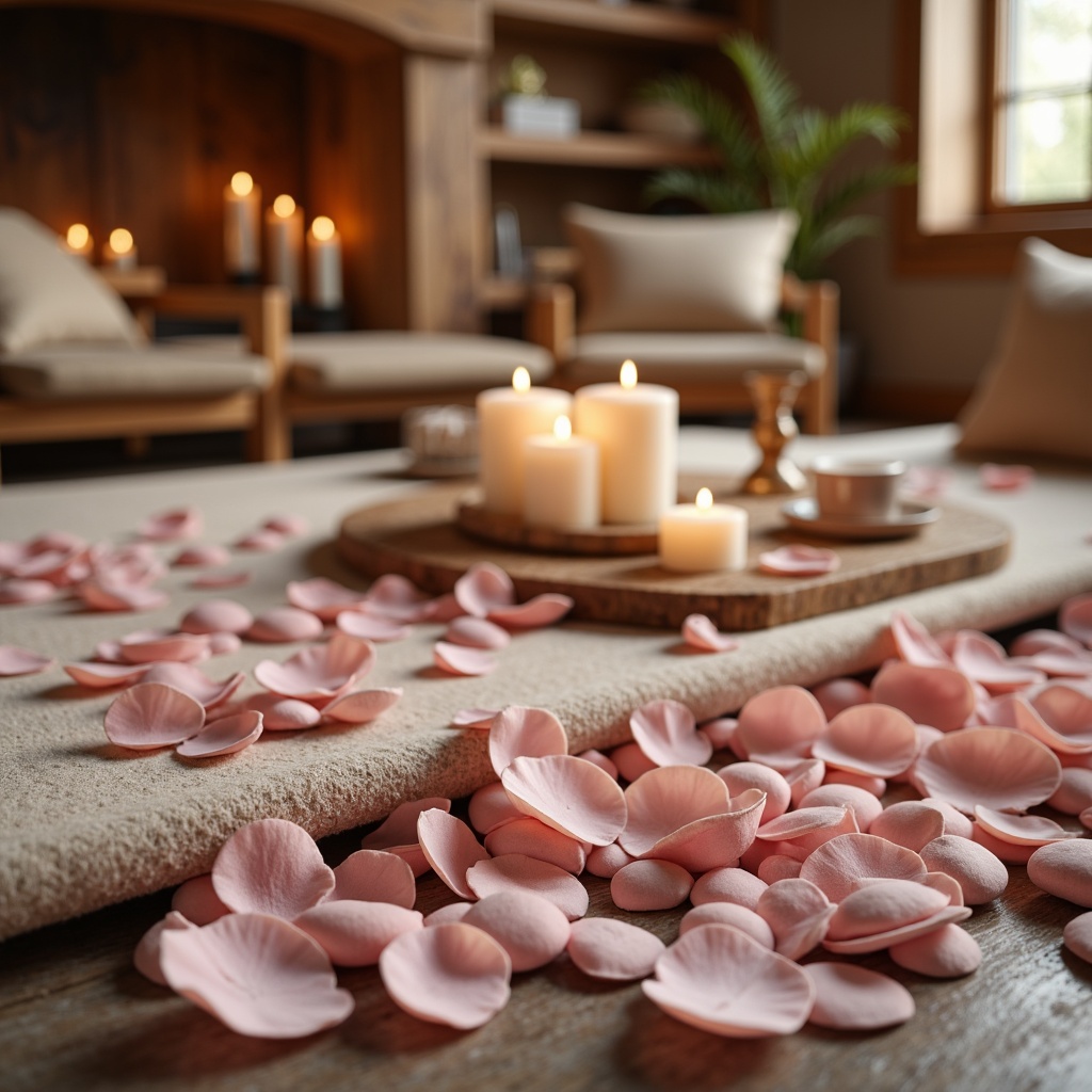 Prompt: Soft rose petals, warm beige tones, calming blush hues, gentle peach undertones, soothing lavender accents, creamy whites, rich wood textures, plush velvet fabrics, cozy candlelight, relaxing ambiance, serene atmosphere, peaceful surroundings, natural stone floors, rustic wooden beams, vintage distressed finishes, subtle sheen, warm golden lighting, shallow depth of field, 1/1 composition, realistic textures, ambient occlusion.