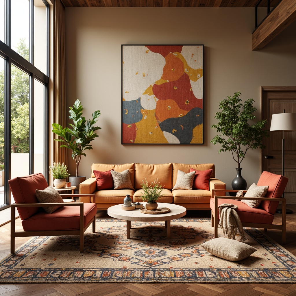 Prompt: Cozy living room, plush velvet sofa, soft cushioned armchairs, warm beige carpeting, vibrant colorful throw pillows, intricate geometric patterned rugs, natural woven fibers, earthy tone walls, modern minimalist decor, floor-to-ceiling windows, abundant natural light, gentle diffused lighting, 1/1 composition, realistic textures, ambient occlusion.