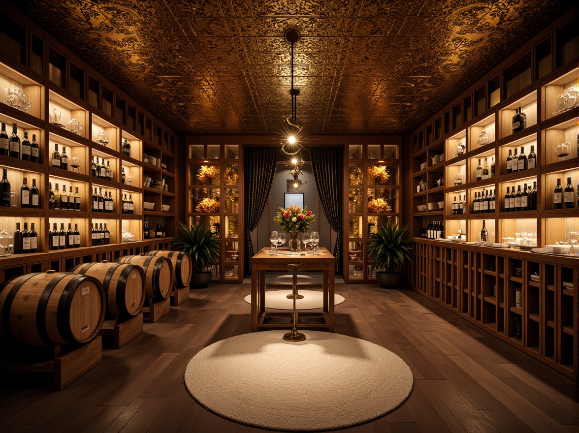 Prompt: Luxurious wine cellar, ornate Art Deco walls, richly textured surfaces, metallic accents, geometric patterns, lavish gold leafing, sophisticated lighting fixtures, velvety smooth flooring, curved wooden panels, vintage wine barrels, elegant glassware, ambient warm lighting, dramatic shadows, 1/2 composition, high contrast ratio, detailed textures, reflective metallic surfaces.