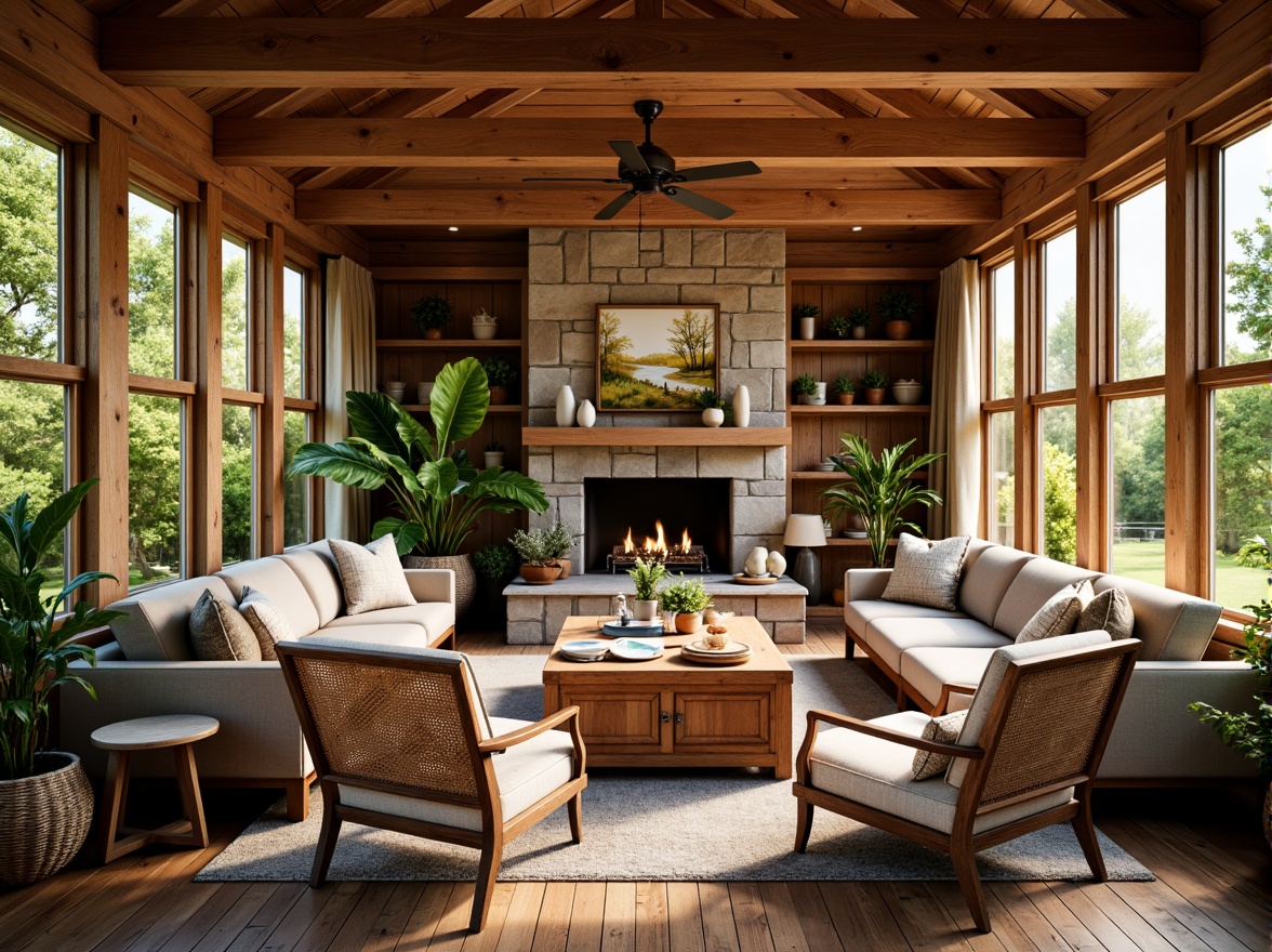 Prompt: Cozy sunroom, warm natural light, wooden ceiling beams, rustic wooden floors, comfortable plush armchairs, vintage-inspired sofas, woven wicker furniture, earthy tone upholstery, natural stone fireplace, built-in wooden shelving, lush greenery, potted plants, nature-inspired artwork, soft warm lighting, shallow depth of field, 3/4 composition, panoramic view, realistic textures, ambient occlusion.