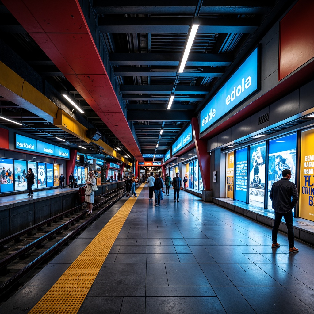 Prompt: Vibrant metro station interior, modern urban architecture, sleek steel beams, polished concrete floors, dynamic LED lighting, bold color accents, geometric patterns, futuristic signage, bustling city atmosphere, rush hour crowds, bright advertisements, reflective glass surfaces, stainless steel railings, industrial materials, high-contrast color schemes, accent walls, urban art installations, moody ambient lighting, shallow depth of field, 1/2 composition, realistic textures, ambient occlusion.