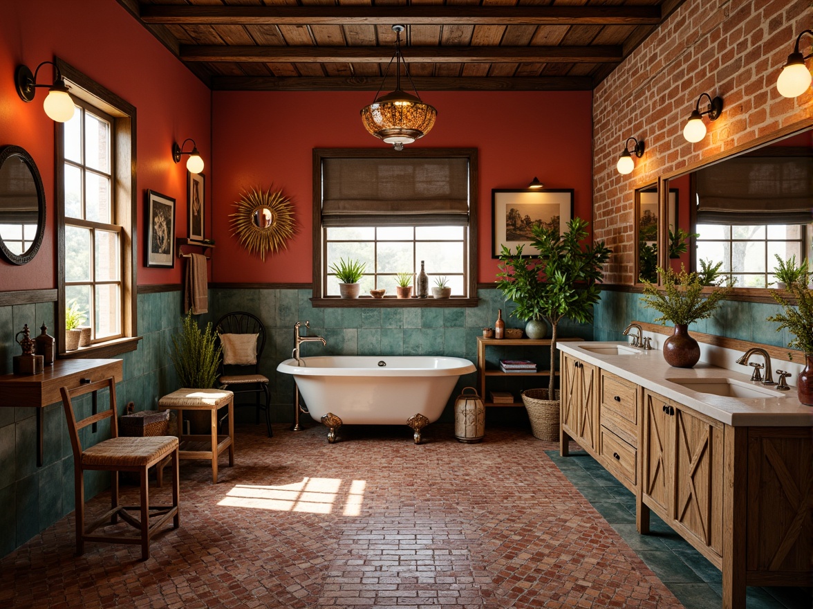 Prompt: Vibrant eclectic bathroom, mix-and-match decor, bold color scheme, unique furniture pieces, distressed wood accents, industrial metal fixtures, Moroccan-inspired tiles, natural stone countertops, pendant lighting, under-cabinet illumination, LED strip lights, warm ambient glow, softbox diffusers, dramatic shadows, high-contrast lighting, 3-point lighting setup, symmetrical composition, shallow depth of field, realistic textures.