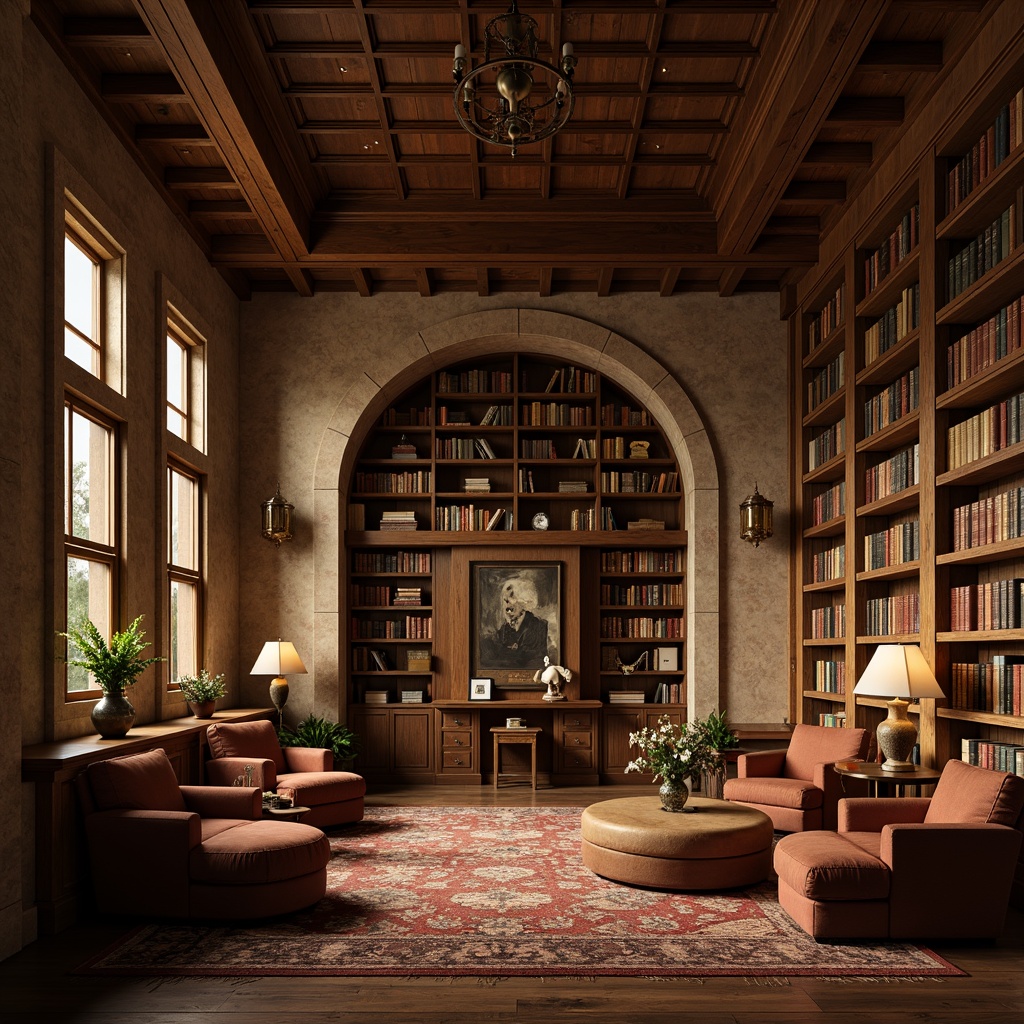 Prompt: Cozy library atmosphere, warm earthy tones, textured walls, rustic wood accents, comfortable reading nooks, plush cushions, floor lamps, soft warm lighting, rich wooden shelves, leather-bound books, vintage book collections, elegant archways, sophisticated columns, calming natural materials, organic shapes, 3/4 composition, shallow depth of field, realistic textures, ambient occlusion.