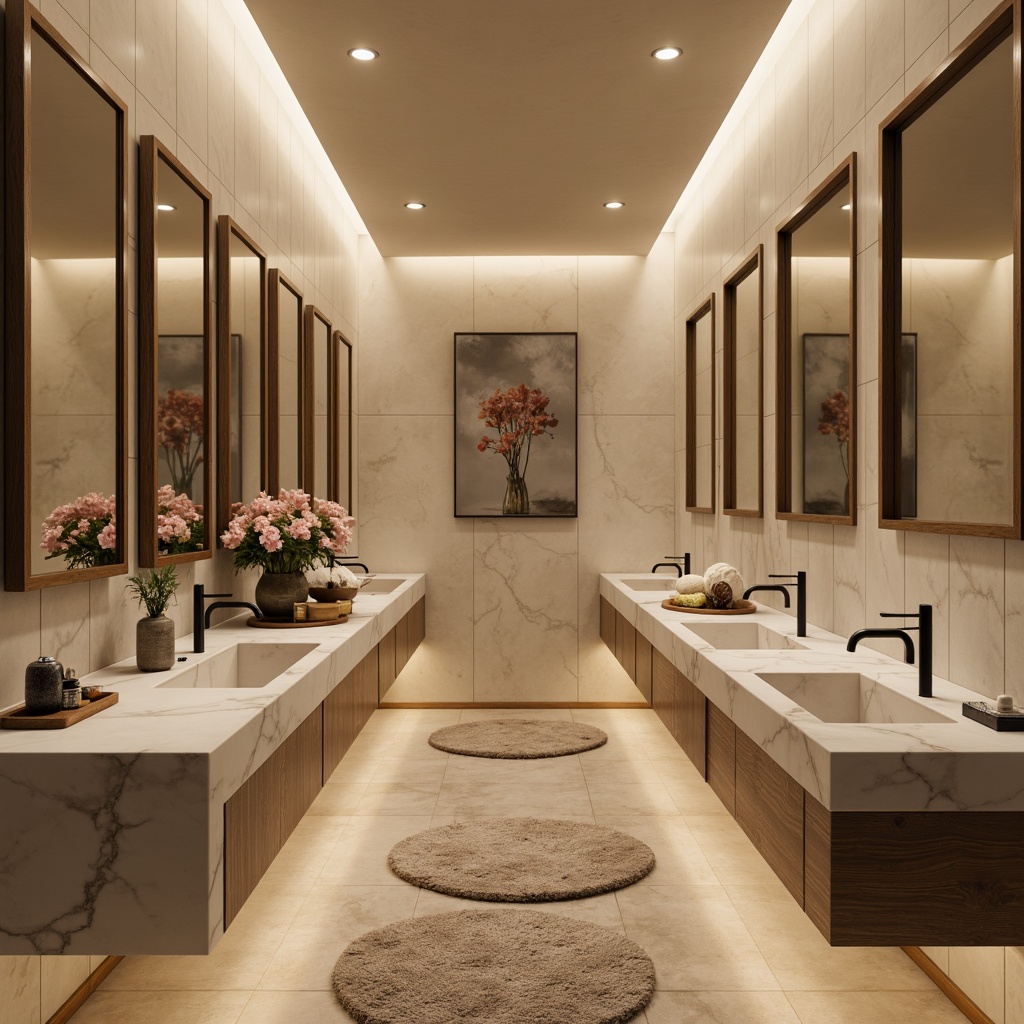 Prompt: Minimalist powder room, sleek countertops, wall-mounted sinks, geometric faucets, matte black fixtures, soft warm lighting, ambient shadows, 3/4 composition, shallow depth of field, panoramic view, realistic textures, calm atmosphere, serene ambiance, warm beige tones, subtle marble patterns, delicate florals, ornate mirrors, luxurious towels, plush rugs, modern minimalist decor.