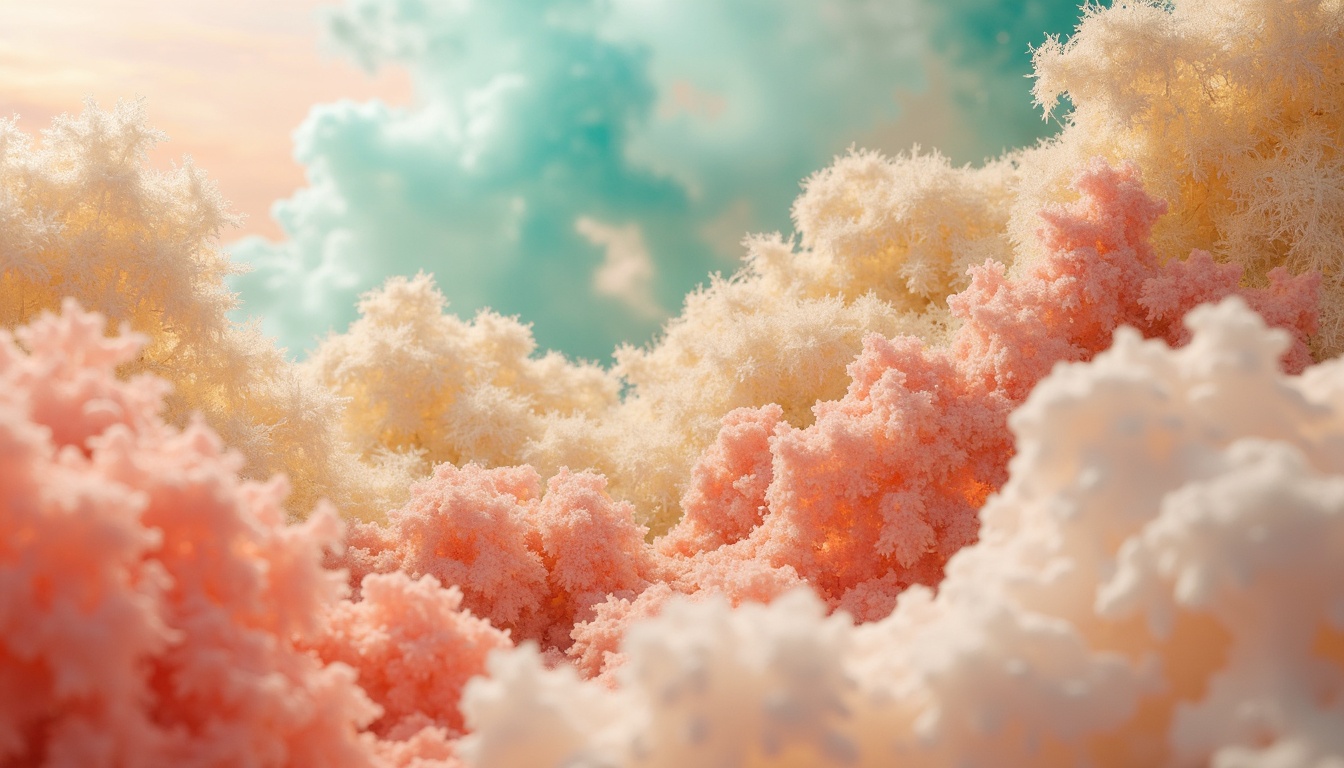 Prompt: Vibrant color scheme, pastel hues, soft peach tones, rich turquoise accents, creamy whites, warm beige backgrounds, bold coral statements, metallic gold highlights, subtle gradient effects, ombre textures, natural fabric patterns, earthy undertones, atmospheric misting, dreamy ambiance, 1/2 composition, shallow depth of field, cinematic lighting.