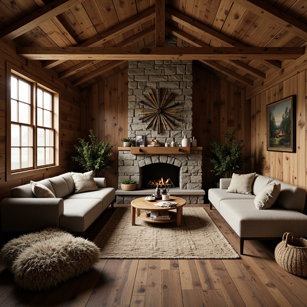 Prompt: Rustic wooden cabin, natural stone walls, earthy color palette, vintage metal decorations, distressed wood textures, cozy fireplace, plush furnishings, woven baskets, nature-inspired patterns, warm soft lighting, shallow depth of field, 1/2 composition, inviting atmosphere, realistic wood grains, ambient occlusion.