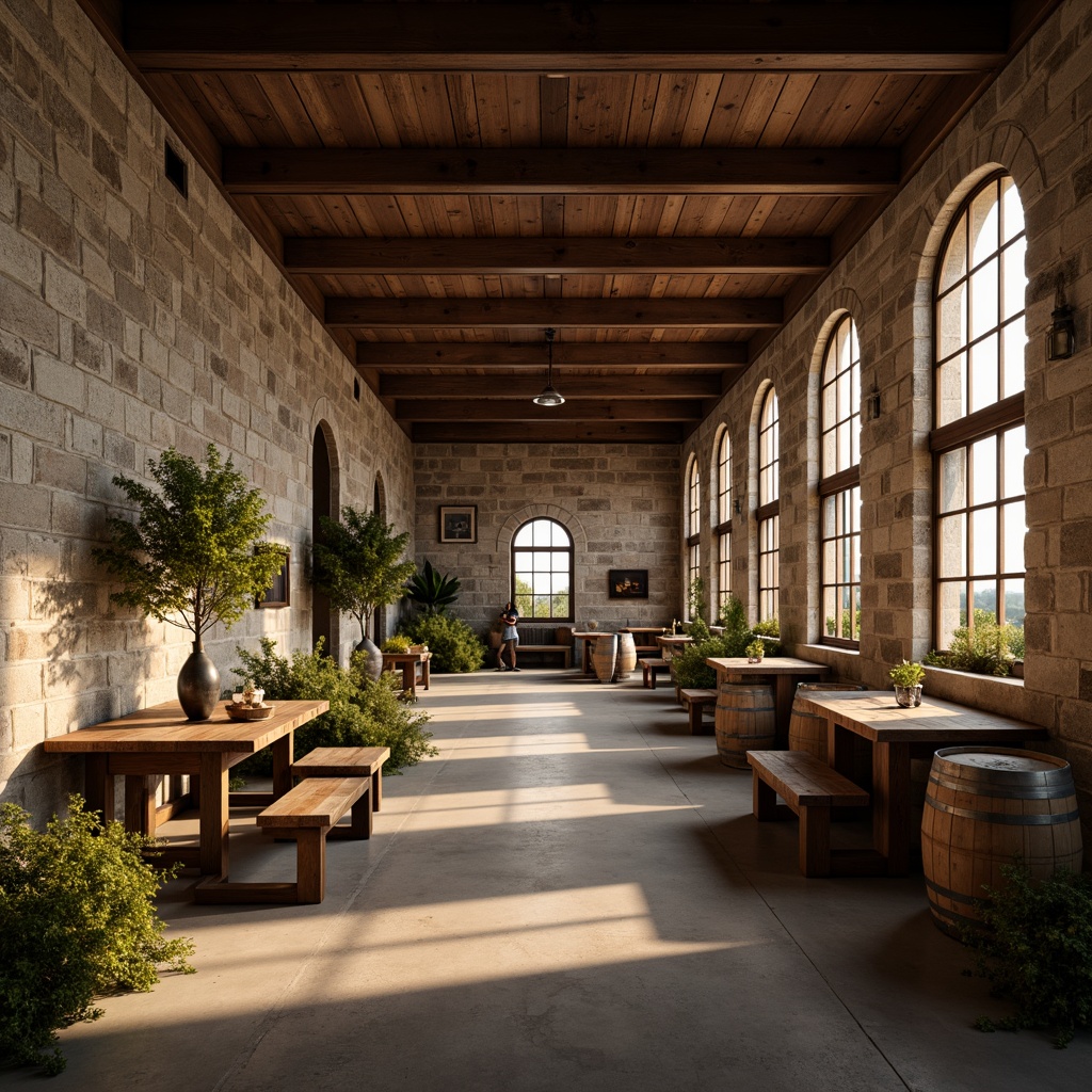 Prompt: Rustic winery, natural stone walls, wooden accents, earthy tones, minimalist decor, industrial metal beams, concrete floors, reclaimed wood furniture, vintage wine barrels, dim warm lighting, soft shadows, 1/1 composition, intimate atmosphere, rich textures, subtle reflections, ambient occlusion, realistic materials.