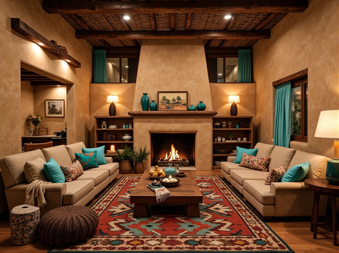 Prompt: Vibrant turquoise accents, earthy adobe walls, rustic wooden beams, woven Navajo-inspired textiles, plush cushions, geometric patterned rugs, warm candlelight, intimate gathering spaces, traditional Pueblo Revival architecture, authentic Southwestern decor, vintage Native American artifacts, natural stone fireplaces, cozy nooks, dramatic ceiling treatments, rich wood tones, bold colorful ceramics, eclectic mix of patterns and textures, warm inviting ambiance, soft golden lighting, shallow depth of field, 1/2 composition.