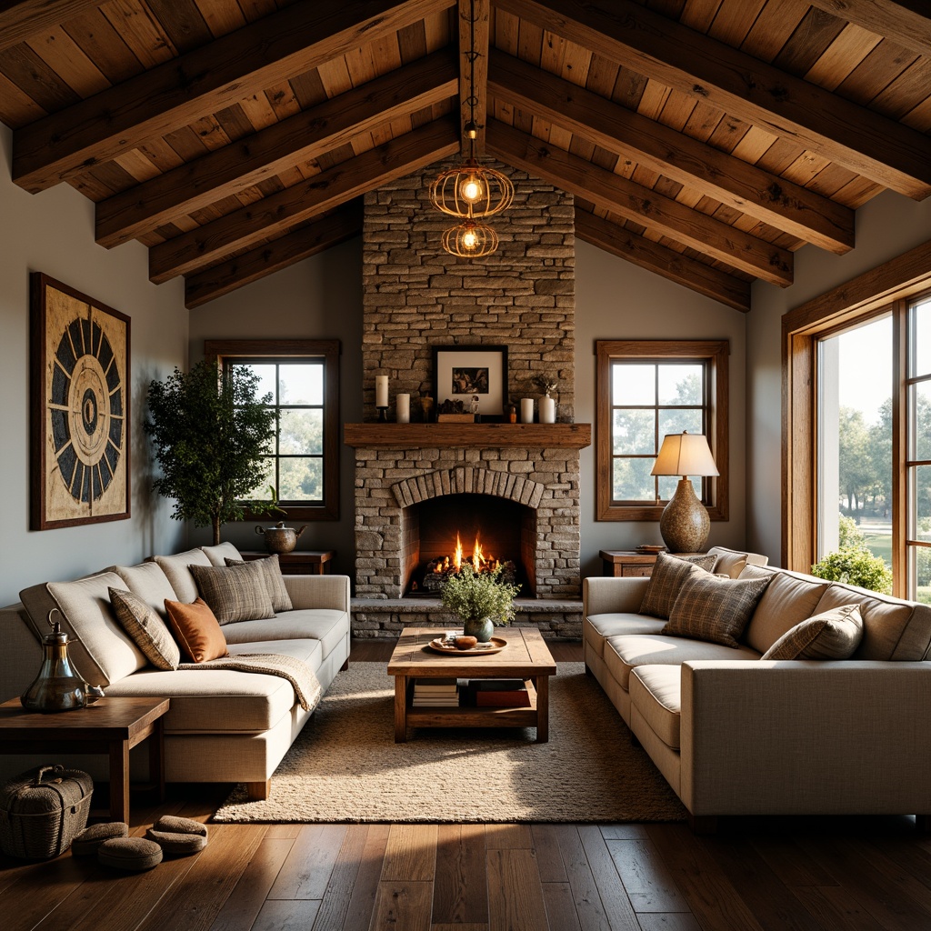 Prompt: Cozy rustic family room, wooden beams, stone fireplace, plush sofas, warm lighting, table lamps, floor lamps, pendant lights, candlelight, soft warm glow, earthy tones, natural textures, wooden furniture, vintage decor, farmhouse style, distressed wood, metal accents, industrial chic, laid-back atmosphere, warm color palette, afternoon sunbeams, shallow depth of field, 1/1 composition, realistic textures.