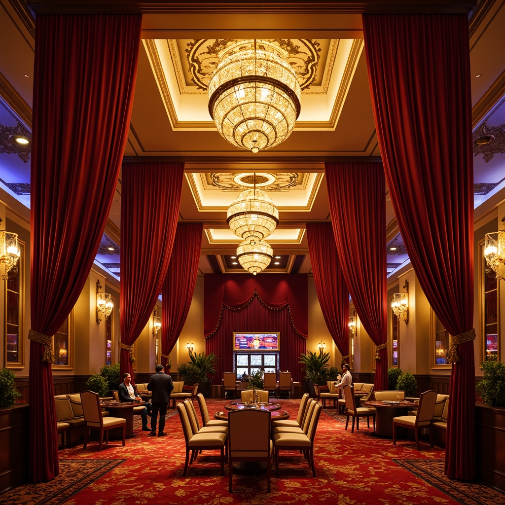 Prompt: Luxurious casino interior, rich velvet drapes, ornate chandeliers, warm golden lighting, soft ambient glow, dramatic spotlights, elegant sconces, intricate molding details, lavish furnishings, opulent patterns, red carpeted floors, ornamental columns, grandiose ceilings, subtle LED accents, warm color temperature, high-contrast ratio, cinematic atmosphere, shallow depth of field, 1/2 composition, symmetrical framing.