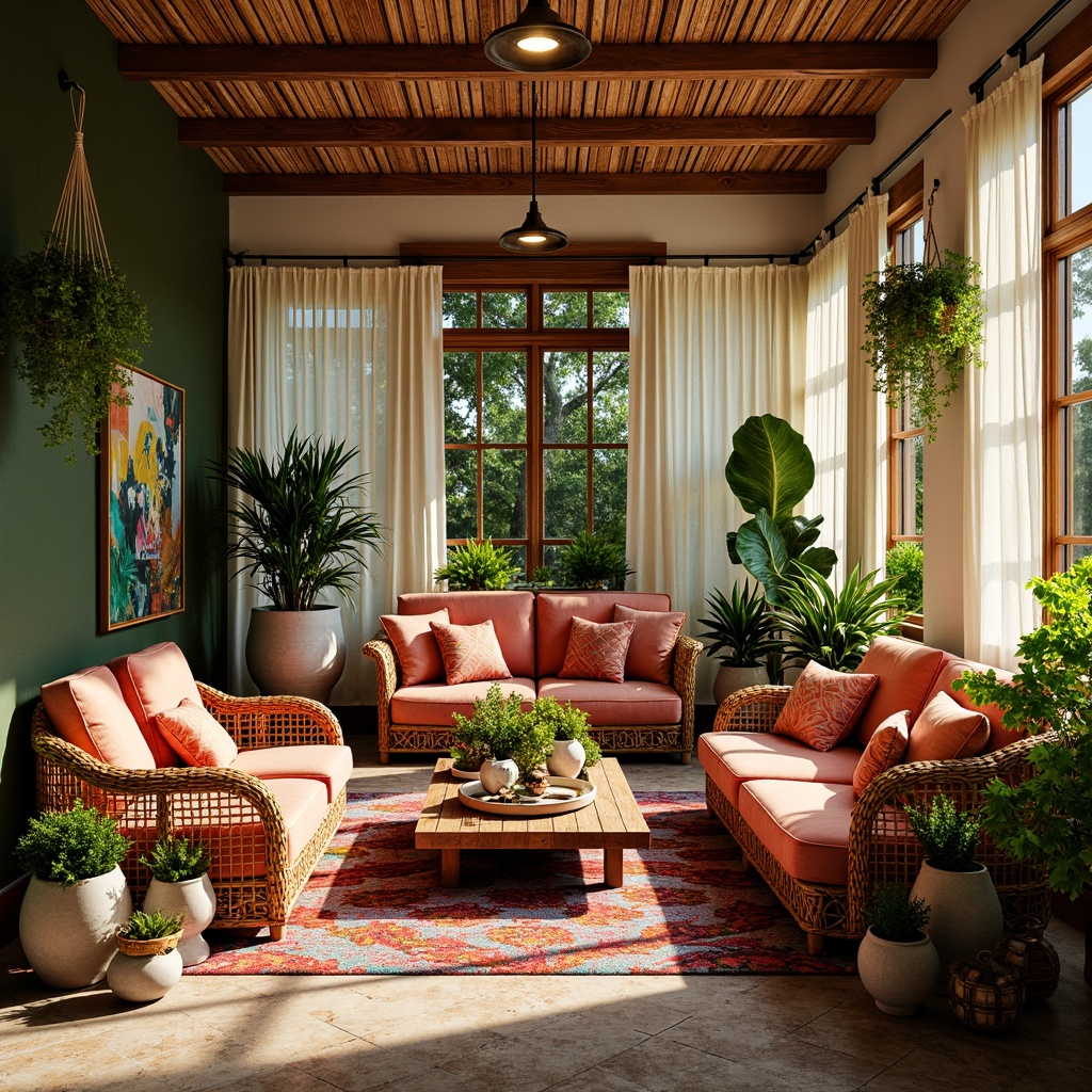 Prompt: Vibrant eclectic sunroom, lush greenery, wicker furniture, rattan chairs, plush velvet sofas, Moroccan-inspired tiles, colorful vintage rugs, distressed wood coffee tables, macrame plant holders, natural fiber drapes, abstract artwork, global-inspired decorative accents, warm golden lighting, shallow depth of field, 1/2 composition, soft focus effect, realistic textures, ambient occlusion.