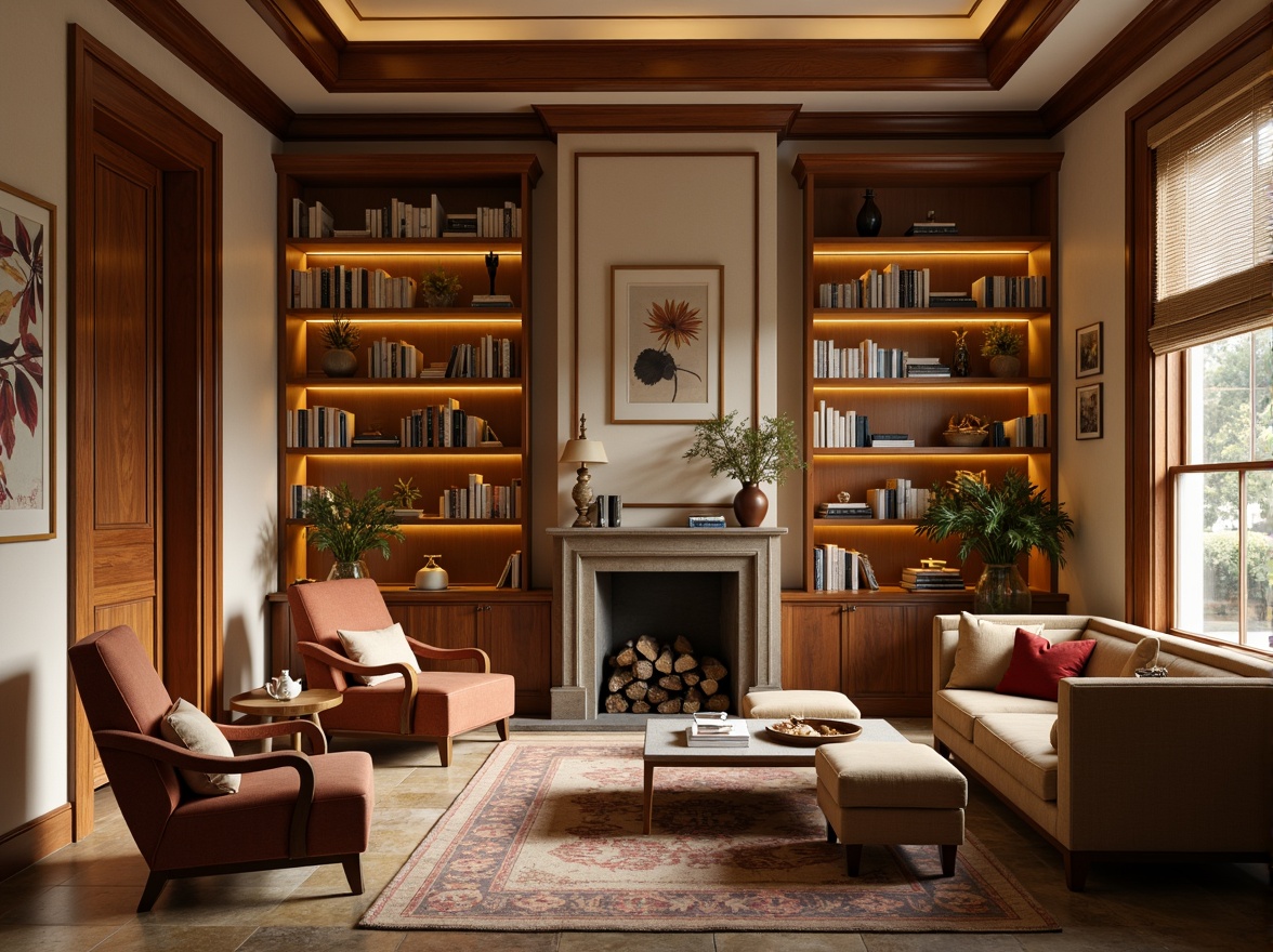 Prompt: Warm beige walls, rich walnut wood accents, cozy reading nooks, plush velvet armchairs, soft cream-colored bookshelves, subtle golden lighting, intricate wooden moldings, comfortable leather sofas, earthy tone rugs, natural stone floors, serene atmosphere, calm ambiance, soft warm glow, 1/2 composition, shallow depth of field, realistic textures, ambient occlusion.