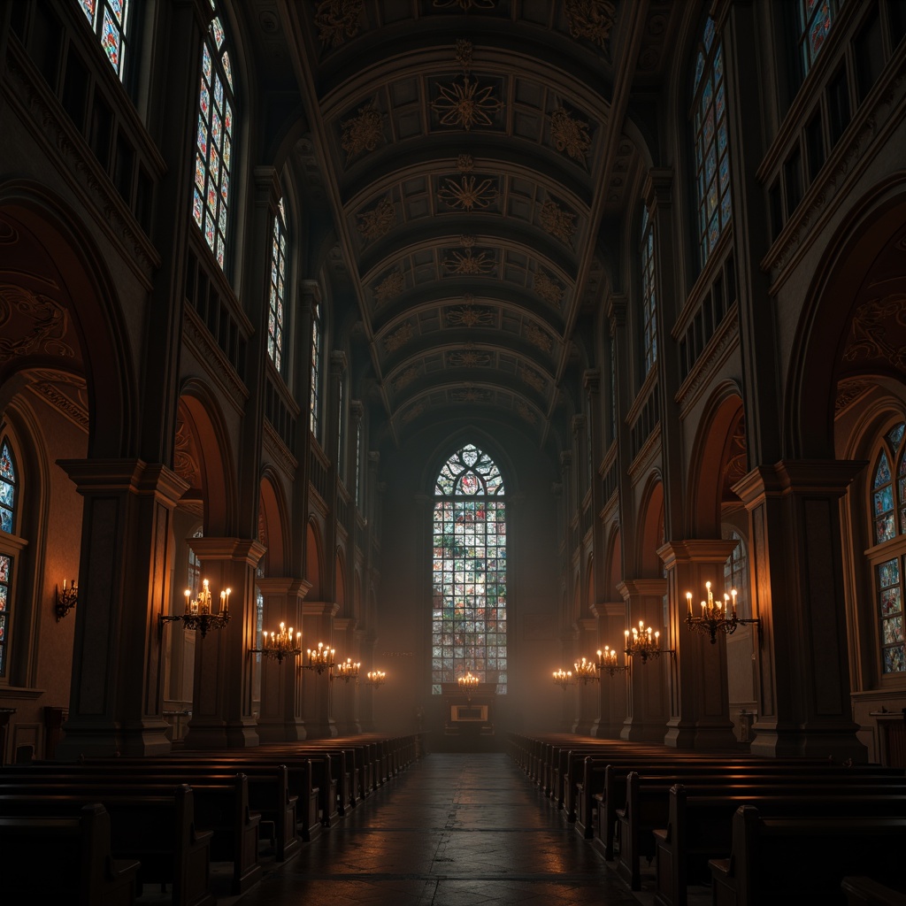 Prompt: Dimly lit cathedral ceilings, mysterious shadows, ornate stone carvings, grandiose chandeliers, lavish velvet drapes, rich wood paneling, eerie candelabras, hauntingly beautiful stained glass windows, mystical foggy atmosphere, soft warm glow, low-key lighting, dramatic contrasts, subtle color grading, cinematic ambiance, 1/1 composition, shallow depth of field, realistic textures, ambient occlusion.