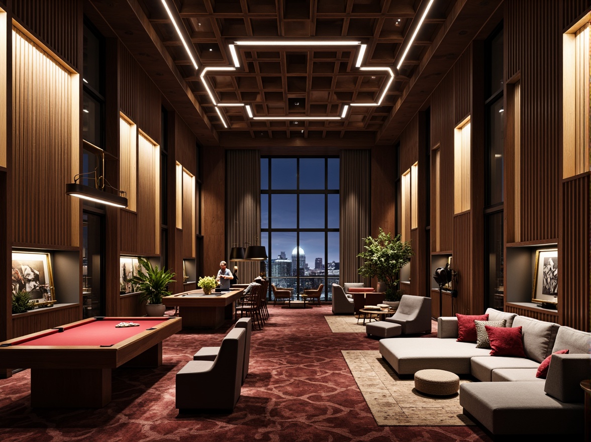 Prompt: Luxurious game room, rich wood paneling, metallic accents, ambient LED lighting, cozy seating areas, statement walls, geometric patterns, textured finishes, bold color schemes, modern minimalism, industrial chic, exposed brick, reclaimed wood, velvety drapes, floor-to-ceiling windows, panoramic city views, dramatic shadows, high-contrast lighting, cinematic atmosphere.