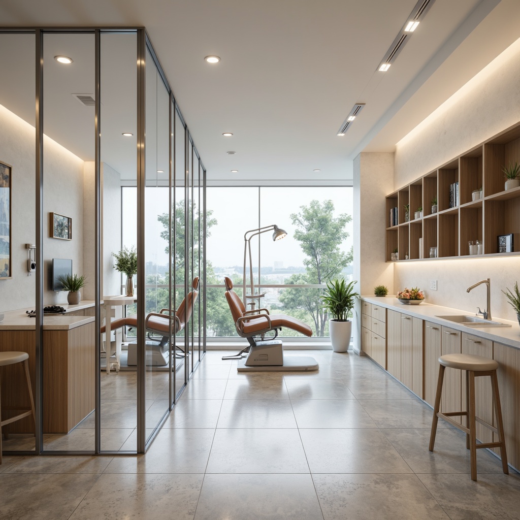 Prompt: Modern dental clinic, sleek glass walls, polished chrome accents, soft cushioned chairs, gentle wood tones, calming white surfaces, sterile stainless steel equipment, subtle LED lighting, natural stone flooring, minimalist decor, serene ambiance, shallow depth of field, 1/1 composition, realistic textures, ambient occlusion.