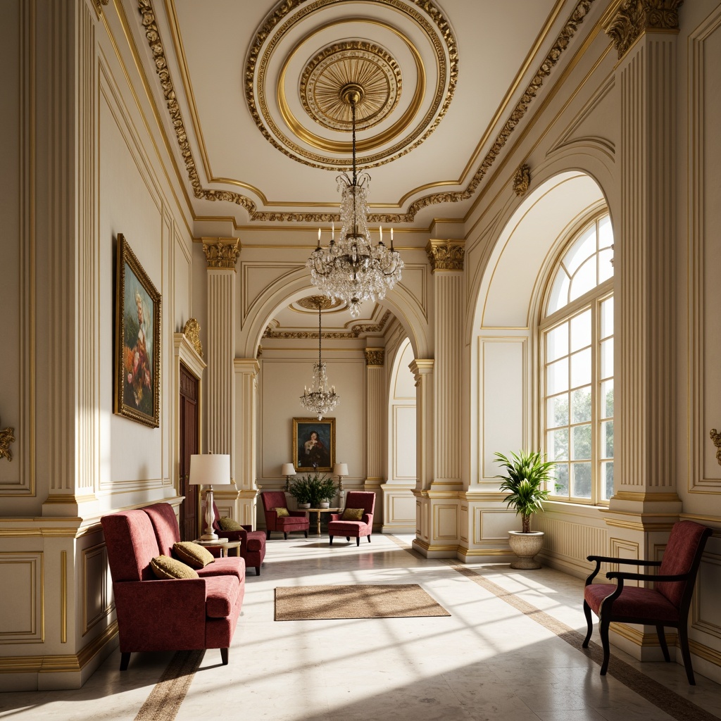 Prompt: Luxurious neoclassical interior, ornate moldings, crystal chandeliers, marble floors, rich wood paneling, velvet upholstery, intricate carvings, gilded accents, subtle cream hues, soft warm lighting, shallow depth of field, 1/1 composition, realistic textures, ambient occlusion.