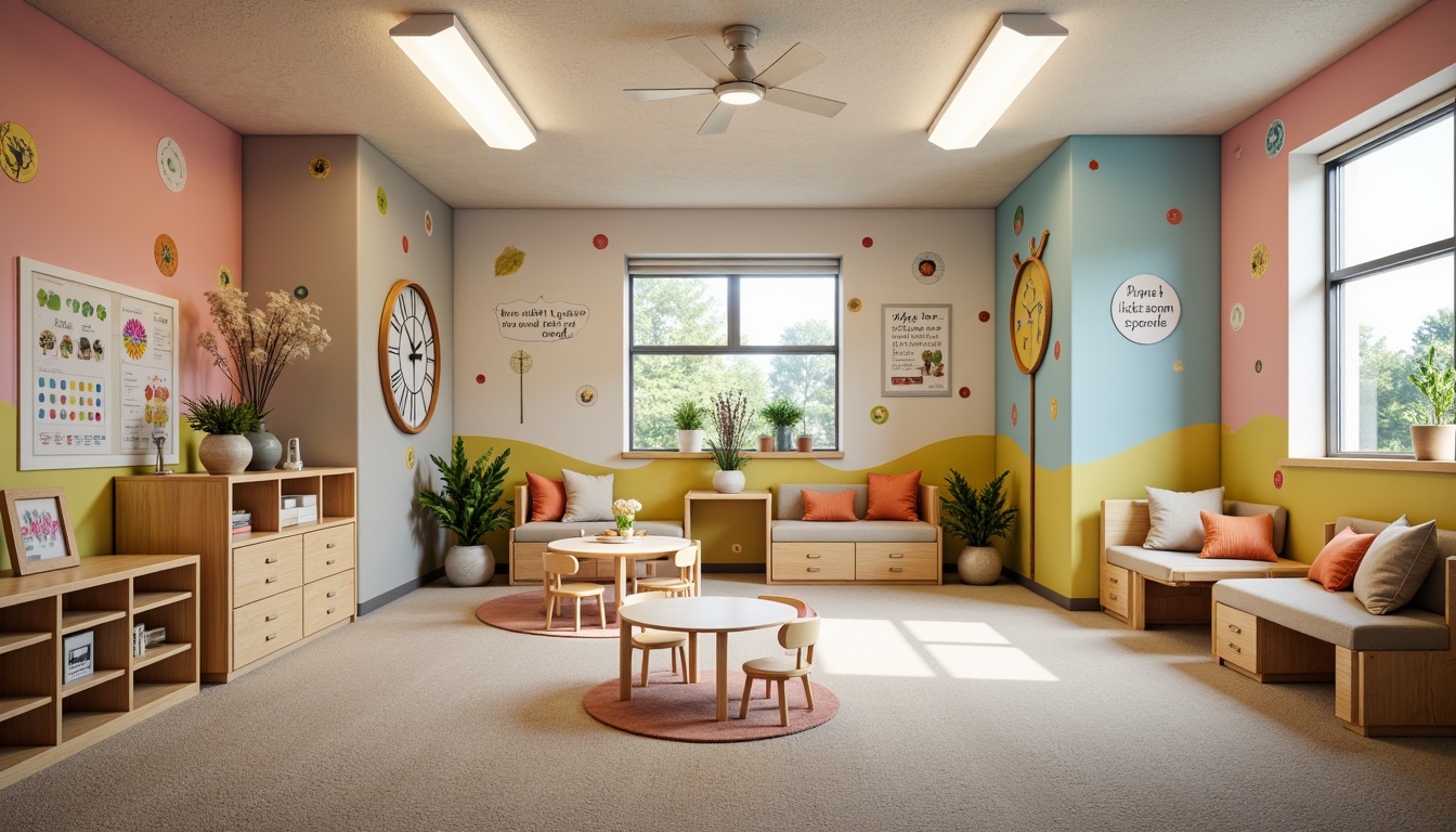 Prompt: Whimsical kindergarten classroom, vibrant colored walls, playful polka dots, alphabet and number murals, soft pastel hues, gentle texture contrasts, cozy reading nooks, plush carpeted floors, natural wood accents, circular tables, tiny chair sets, educational charts, inspirational quotes, cheerful lighting fixtures, warm beige tones, eclectic art displays, child-friendly shelving units, rounded corners, safe play areas.