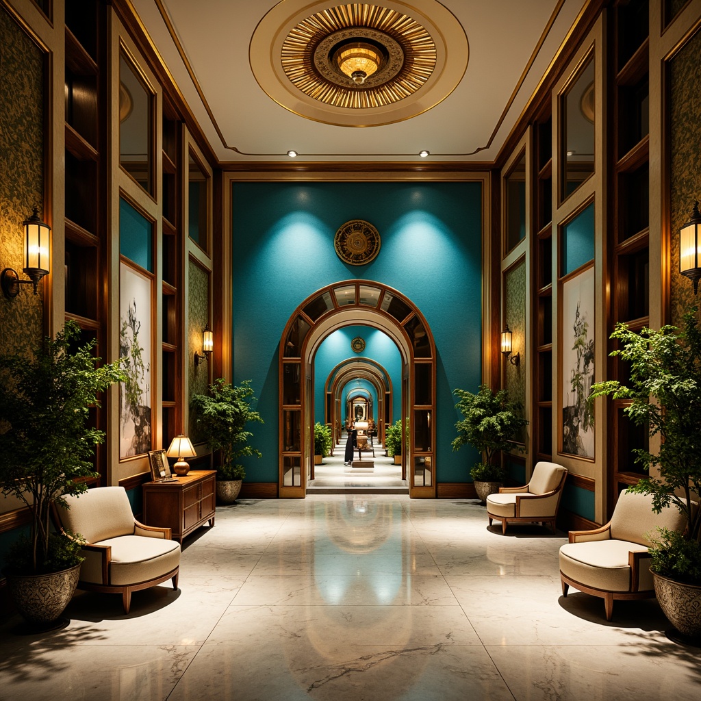 Prompt: Luxurious Art Deco interior, opulent golden accents, rich jewel-toned walls, velvety dark blues, metallic silvers, creamy whites, ornate geometric patterns, sunburst motifs, stylized florals, lavish textiles, marble floors, polished chrome fixtures, dramatic spotlights, warm soft glows, cinematic composition, 1/2 portrait orientation, vibrant color contrasts, realistic material reflections.