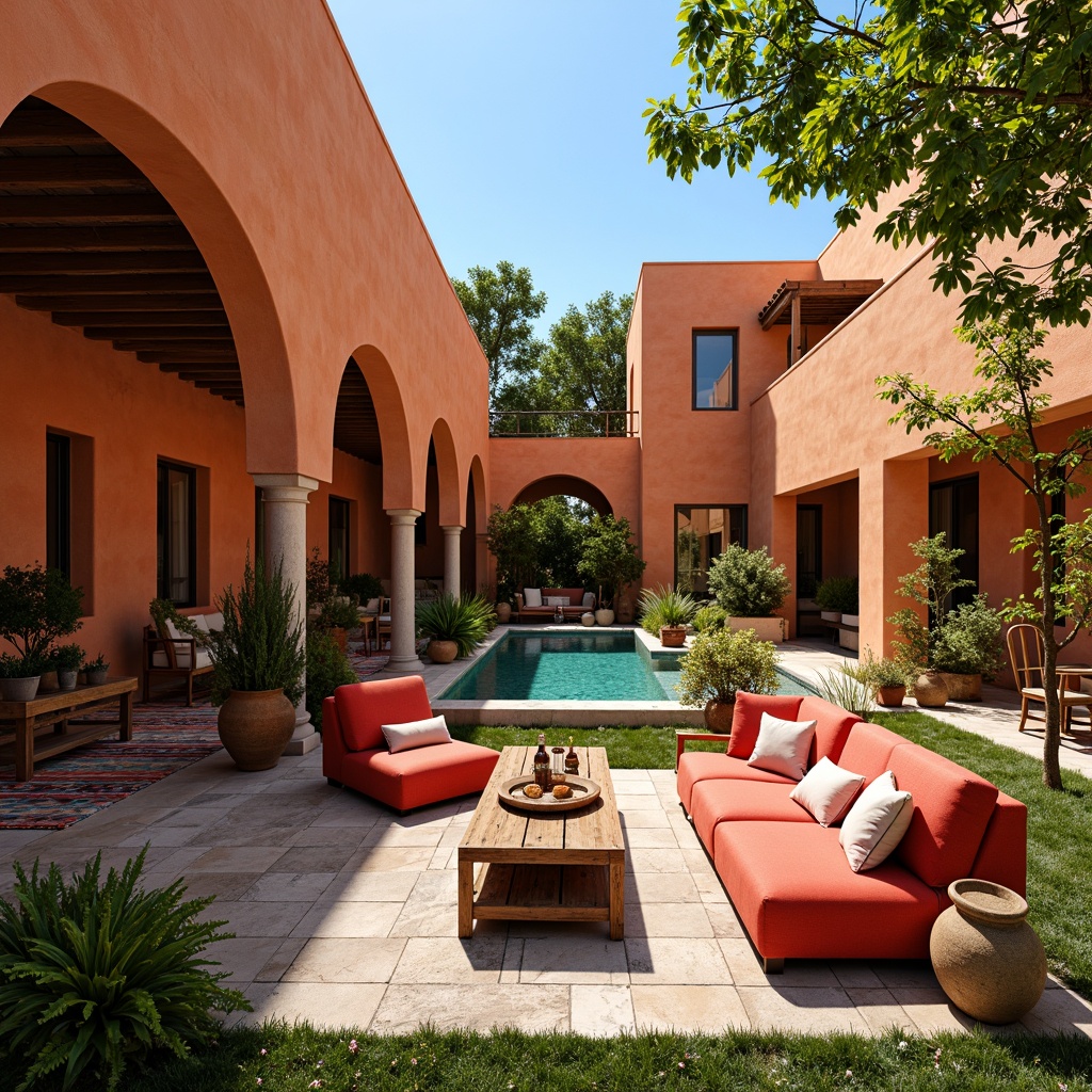 Prompt: Vibrant Mediterranean villa, warm terracotta walls, ornate ceramic tiles, lush greenery, colorful textiles, intricate geometric patterns, plush velvet sofas, rustic wooden accents, natural stone floors, distressed wood furniture, elegant archways, sunny courtyard, bright blue sky, soft warm lighting, shallow depth of field, 3/4 composition, realistic textures, ambient occlusion.