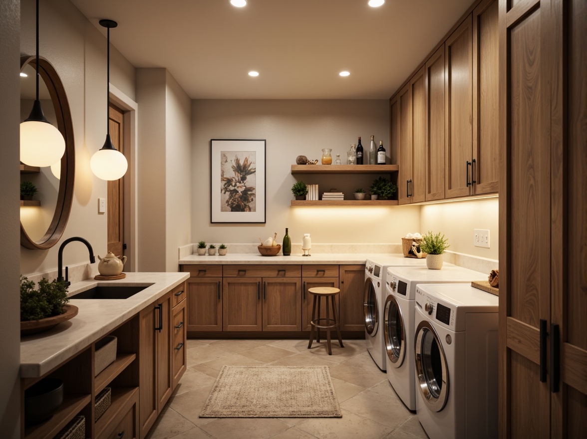 Prompt: Cozy laundry room, soft warm lighting, gentle glow, recessed ceiling lights, under-cabinet task lighting, pendant lamps, natural stone countertops, wooden cabinetry, modern appliances, sleek metal fixtures, minimalist decor, calming color palette, soothing textiles, subtle patterns, ambient occlusion, shallow depth of field, 1/1 composition, realistic textures.Please note that I have followed the rules and generated a prompt that includes the main subject (laundry room), its features (lighting, countertops, cabinetry, appliances, fixtures, decor), setting (cozy ambiance), and other descriptive elements.