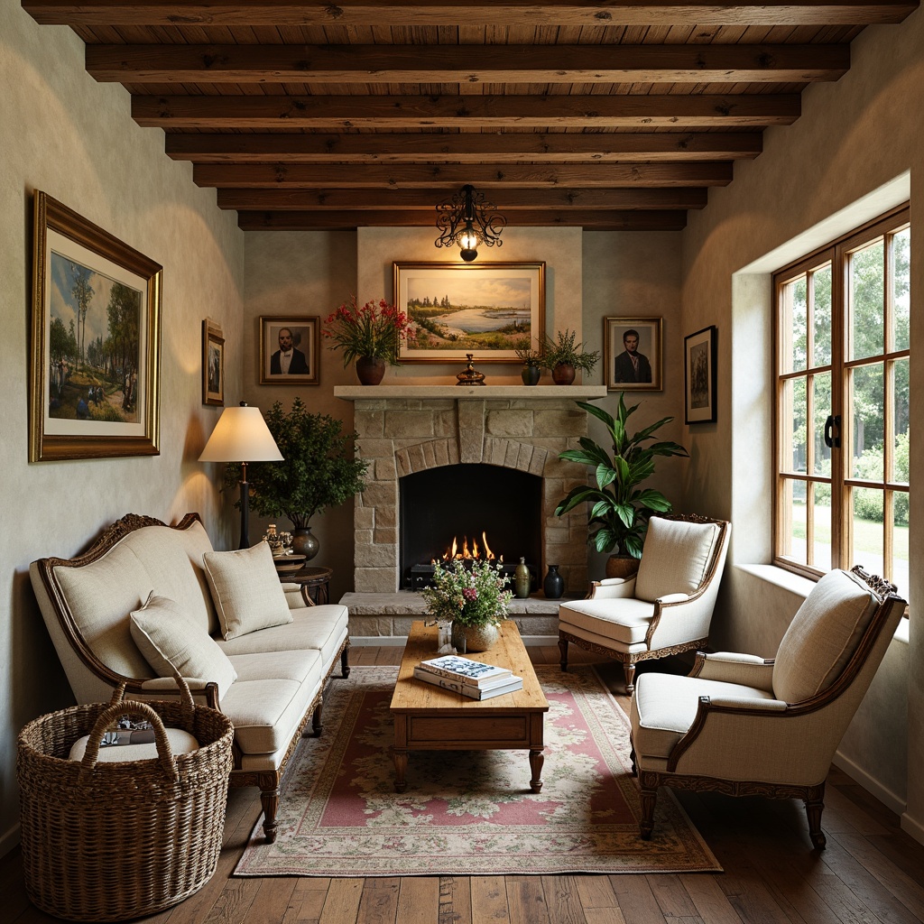 Prompt: Rustic wooden furniture, distressed finishes, ornate carvings, soft velvet upholstery, gentle curves, classic Louis XVI styles, elegant berg\u00e8re chairs, comfortable linen sofas, vintage metal accents, woven wicker baskets, natural stone floors, earthy color palette, warm golden lighting, traditional French country decor, countryside inspired motifs, floral patterns, toile de Jouy fabrics, aged wood tones, soft romantic ambiance.