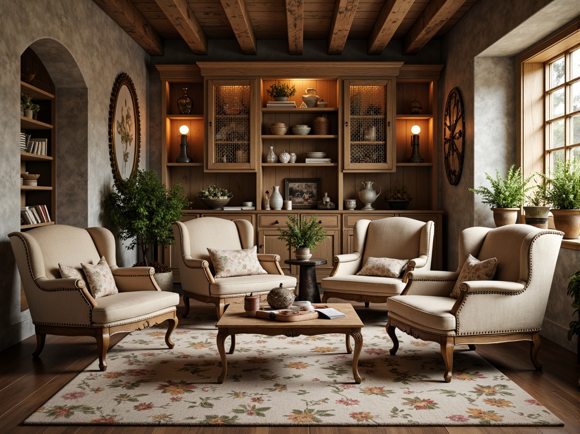 Prompt: Distressed wood tones, vintage floral patterns, soft pastel hues, ornate metal accents, elegant curved legs, plush velvet upholstery, antique wooden cabinets, rustic stone walls, warm candlelight ambiance, cozy reading nooks, intimate conversation areas, French country-inspired decor, distressed finishes, soft feminine textures, natural linen fabrics, subtle lace trimmings, vintage accessories, worn leather armchairs, ornate mirrors, rustic wooden beams, romantic ambiance, warm golden lighting, shallow depth of field, 1/1 composition.