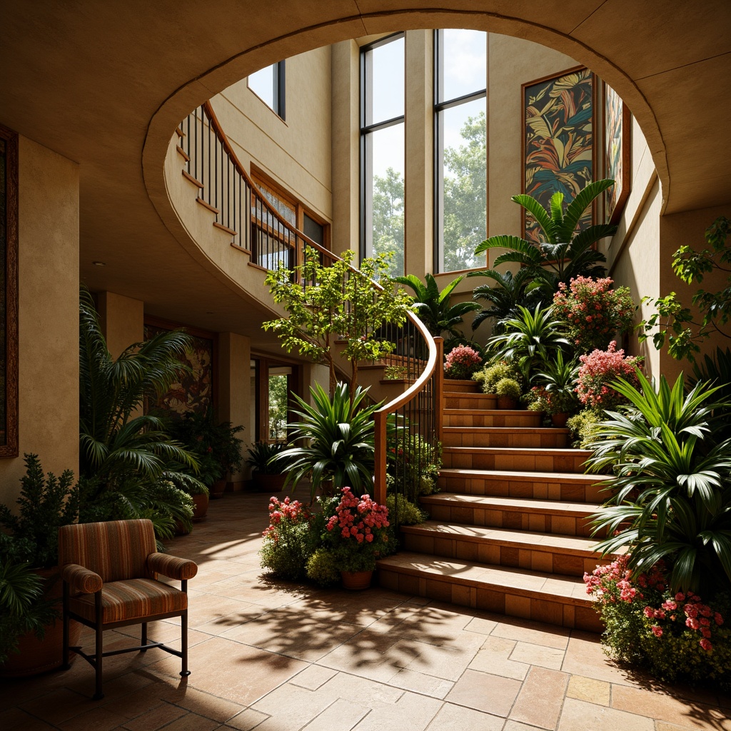 Prompt: Polished wooden handrails, exotic hardwood treads, lush greenery surroundings, vibrant flower arrangements, natural stone walls, tropical leaf patterns, warm golden lighting, shallow depth of field, 1/1 composition, realistic textures, ambient occlusion, Caribbean-inspired color scheme, elegant spiral design, ornate metal balusters, luxurious carpeting, majestic high ceilings, dramatic vertical space, soft misty atmosphere.