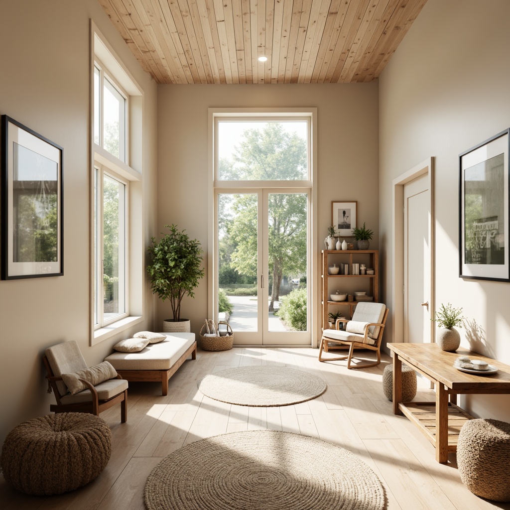 Prompt: Bright Scandinavian hall, high ceilings, large windows, minimal decor, light wood flooring, soft beige walls, cozy textiles, natural fiber rugs, organic shapes, simple lines, functional furniture, ample daylight, warm sunny day, gentle diffused lighting, 1/1 composition, shallow depth of field, realistic textures, ambient occlusion.