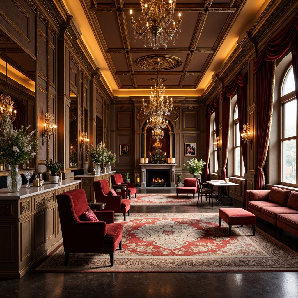 Prompt: Luxurious interior, ornate chandeliers, intricately carved wooden furniture, velvet upholstery, gilded frames, lavish textiles, beaded curtains, crystal vases, marble countertops, polished brass fixtures, grand staircases, richly patterned rugs, warm golden lighting, shallow depth of field, 1/2 composition, soft focus, realistic reflections.