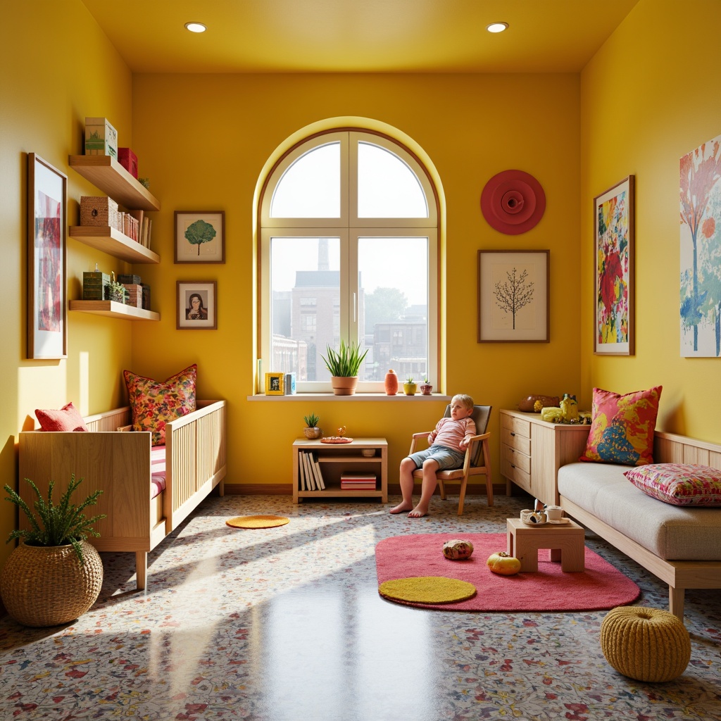 Prompt: Colorful kid's room, postmodern design, playful atmosphere, soft carpet flooring, vibrant area rugs, geometric patterned tiles, eco-friendly materials, sustainable wood options, bright yellow walls, modern minimalist furniture, whimsical decorations, abstract artwork, fun accessories, cozy reading nooks, warm lighting, shallow depth of field, 1/1 composition, realistic textures, ambient occlusion.