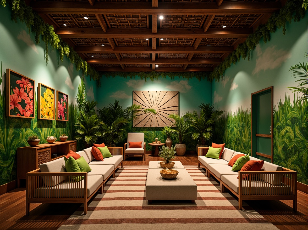 Prompt: Vibrant tropical colors, lush green walls, exotic plants, wooden accents, rattan furniture, natural textiles, woven baskets, rustic decorative elements, warm ambient lighting, soft diffused shadows, cinematic sound systems, acoustic panels, soundproofing materials, geometric patterns, bold color contrasts, dynamic 3D shapes, abstract sculptures, artistic installations, intimate cozy seating areas, private screening rooms, luxurious velvet curtains, rich wood tones, dramatic ceiling designs, atmospheric misting effects, cinematic widescreen projections.