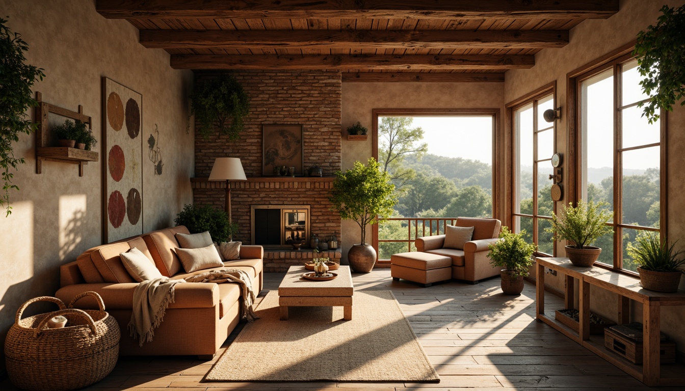 Prompt: Distressed wooden beams, soft golden lighting, vintage furniture pieces, woven wicker baskets, natural linen fabrics, earthy color palette, stone fireplace, rustic metal accents, ornate antique doors, aged brick walls, lush greenery, charming countryside views, warm afternoon sunlight, shallow depth of field, 1/2 composition, romantic atmosphere, realistic textures, subtle ambient occlusion.