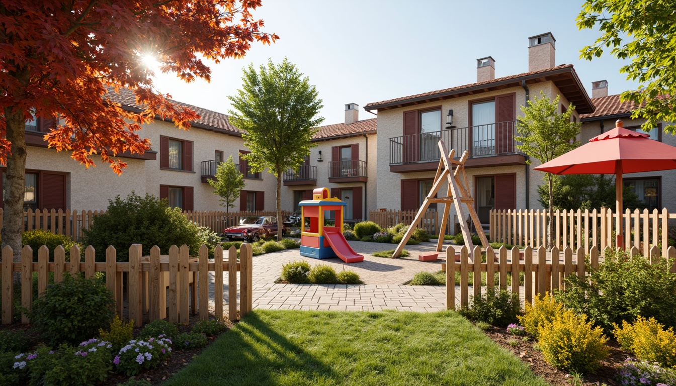 Prompt: Whimsical kindergarten playground, rustic wooden fences, vibrant flower-patterned awnings, colorful ceramic tiles, playful Eiffel Tower-inspired climbing structures, soft green grass, whimsical French country-style buildings, natural stone walls, distressed wood accents, charming shutters, red-tiled roofs, sunny day, warm golden lighting, shallow depth of field, 3/4 composition, panoramic view, realistic textures, ambient occlusion.