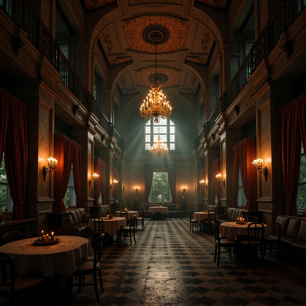 Prompt: Dimly lit grand hall, mysterious atmosphere, ornate chandeliers, candlelight flicker, rich velvet drapes, intricate stone carvings, dark wood paneling, stained glass windows, eerie shadows, haunting ambiance, mysterious alcoves, dramatic archways, luxurious fabrics, heavy curtains, warm golden lighting, soft misty effects, cinematic composition, 1/1 aspect ratio, high contrast ratio.