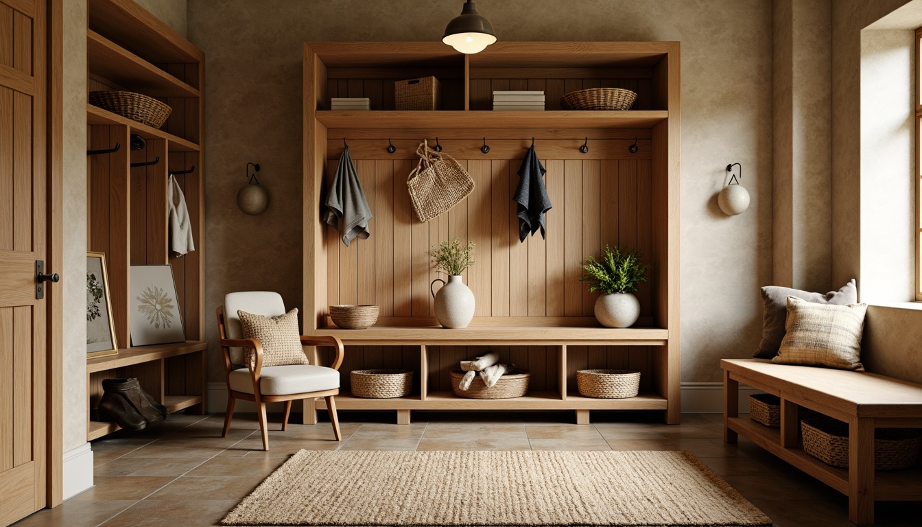 Prompt: Cozy mudroom, earthy tones, warm beige walls, rich wood accents, natural stone flooring, woven baskets, plush area rugs, vintage outdoor gear, metal hooks, rustic wooden benches, soft warm lighting, shallow depth of field, 3/4 composition, realistic textures, ambient occlusion.