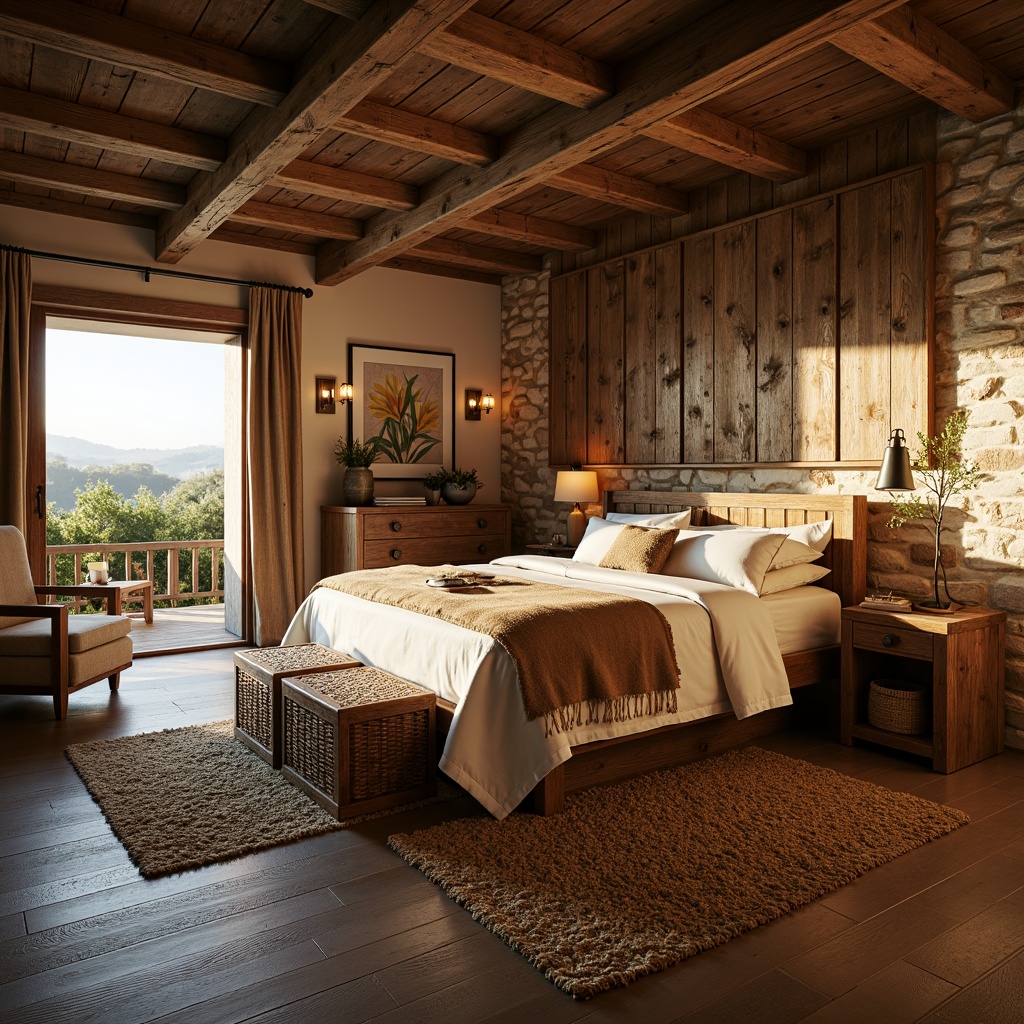 Prompt: Rustic bedroom interior, wooden furniture, natural textures, woven baskets, earthy color palette, plush area rugs, linen bedding, burlap upholstery, distressed wood accents, vintage metal decor, soft warm lighting, cozy ambiance, natural fiber fabrics, chunky knit throws, rough-hewn wooden beams, stone walls, rural landscape views, morning sunlight, shallow depth of field, 1/1 composition, realistic textures, ambient occlusion.