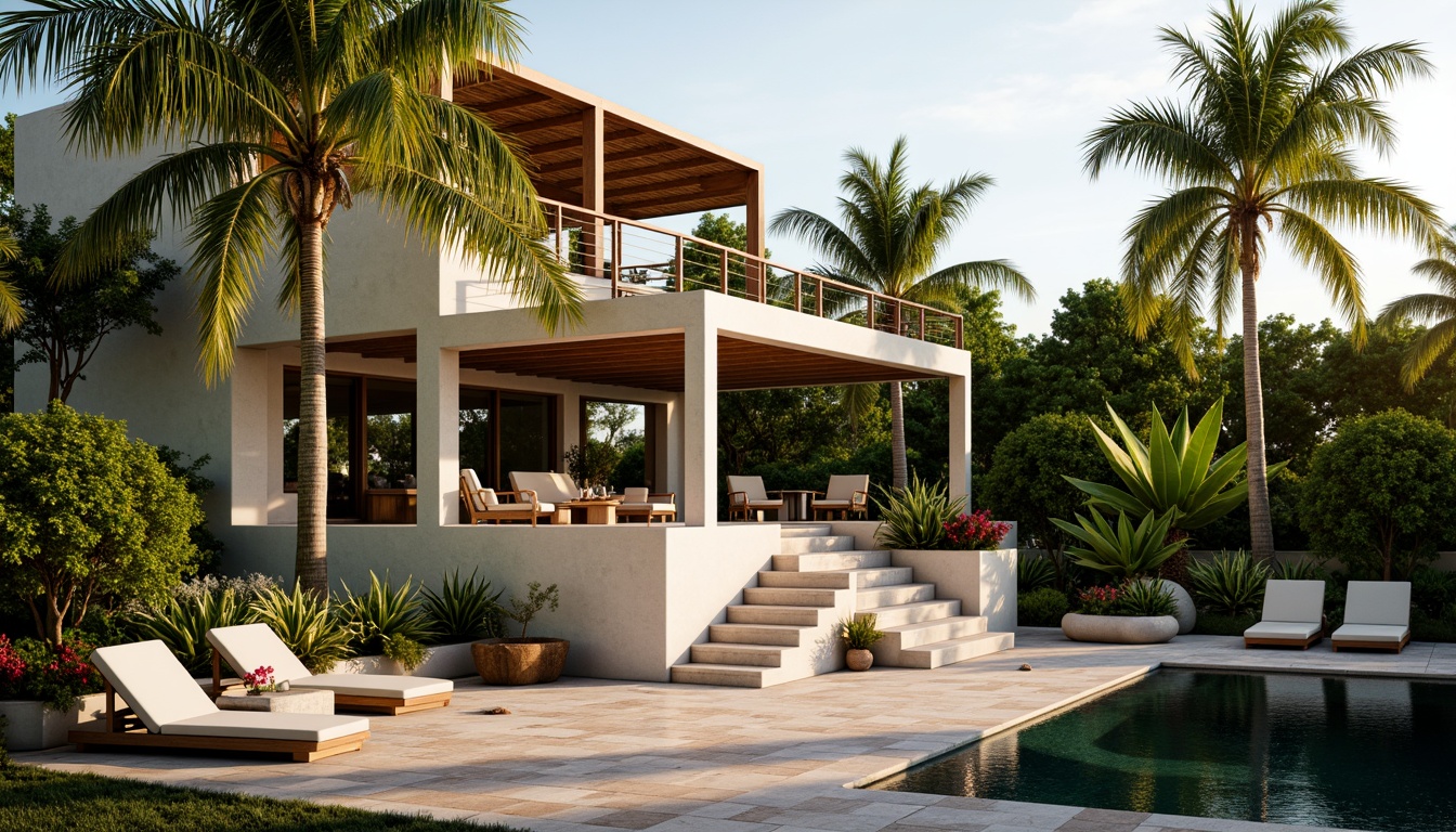 Prompt: Tropical villa, sleek wooden decks, lush green foliage, exotic flowers, palm trees, winding staircases, elegant railings, modern tropical architecture, large sliding glass doors, warm natural lighting, shallow depth of field, 1/1 composition, realistic wood textures, ambient occlusion, stylish treads, minimalist design, eco-friendly materials, innovative cooling technologies, shaded outdoor spaces, misting systems, vibrant colorful textiles, intricate geometric motifs.