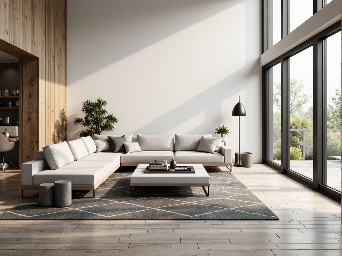 Prompt: Minimalist living room, low-profile sofa, sleek coffee table, industrial metal legs, monochromatic color scheme, Scandinavian-inspired design, natural wood accents, geometric patterns, floor-to-ceiling windows, abundant natural light, soft warm glow, 1/1 composition, shallow depth of field, realistic textures, ambient occlusion.