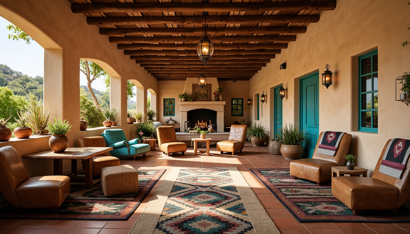 Prompt: Vibrant turquoise accents, rustic wooden tables, woven Native American-inspired blankets, earthy terracotta floors, warm beige walls, colorful Navajo-patterned rugs, traditional adobe architecture, arched windows, natural stone fireplaces, cozy candle lighting, lush greenery, potted cacti, Southwestern-style pottery, bold geometric patterns, distressed leather chairs, vintage metal lanterns, warm golden lighting, 3/4 composition, shallow depth of field, panoramic view.