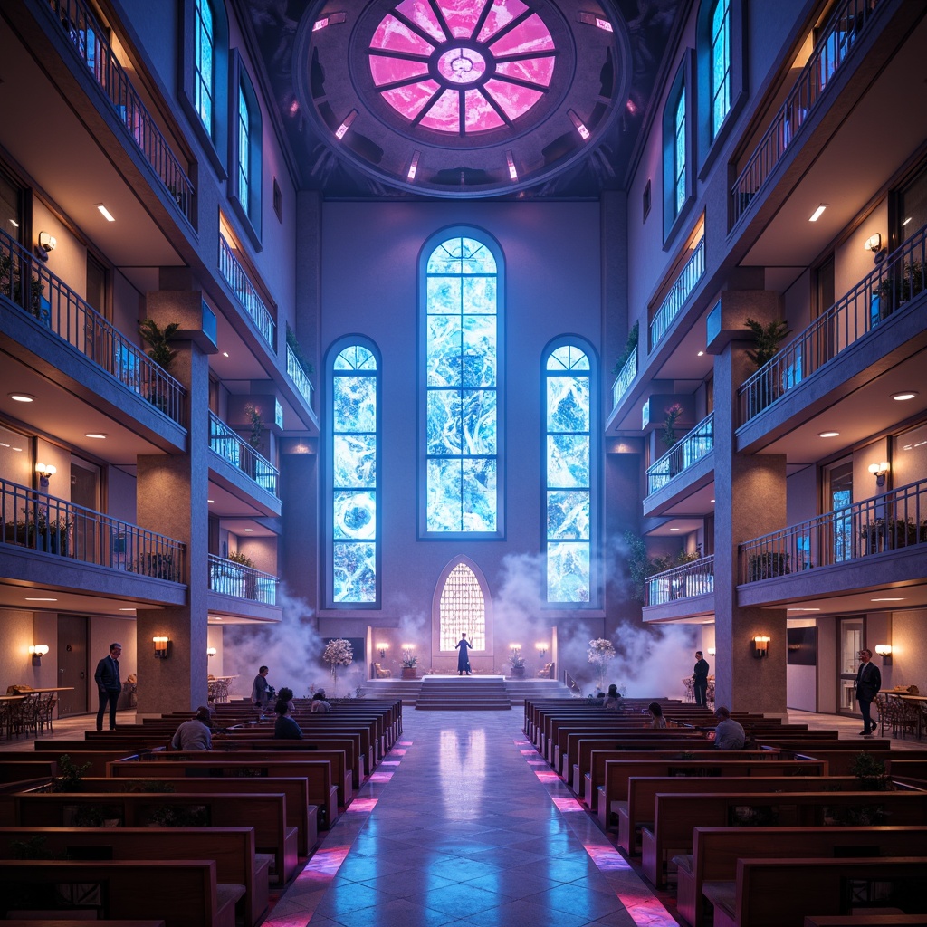 Prompt: Futuristic church interior, neon-lit altarpieces, holographic stained glass windows, LED-embedded pews, glowing ambient floors, iridescent ceilings, spiral staircases, levitating lanterns, ethereal fog effects, radiant beam lights, luminescent frescoes, cyberpunk-inspired pulpits, gleaming metallic accents, fiber-optic candelabras, virtual reality chapels, 3D-projection mapping, panoramic dome screens, immersive worship experiences, soft pulsing glow, shallow depth of field, 1/1 composition, cinematic lighting, realistic materials.