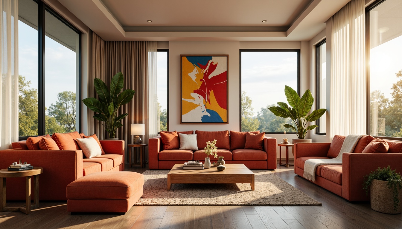 Prompt: Cozy living room, plush velvet sofas, soft cushioned armchairs, vibrant colorful throw pillows, warm woven blankets, natural fiber rugs, minimalist wooden coffee tables, modern abstract artwork, floor-to-ceiling windows, sheer white curtains, abundant natural light, warm golden lighting, shallow depth of field, 3/4 composition, panoramic view, realistic textures, ambient occlusion.