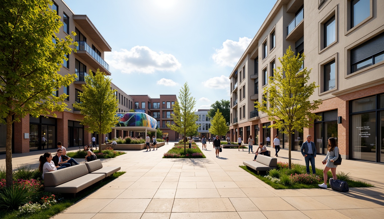 Prompt: Vibrant public square, lively urban atmosphere, warm beige pavement, rich greenery, blooming flowers, modern street furniture, sleek metal benches, colorful outdoor art installations, dynamic LED lighting, bustling crowds, sunny day, soft natural light, shallow depth of field, 3/4 composition, panoramic view, realistic textures, ambient occlusion.