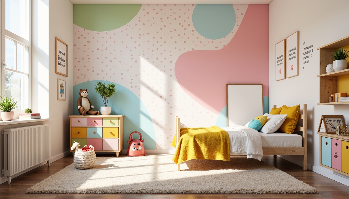 Prompt: Vibrant kids' bedroom, bright playful colors, soft pastel hues, whimsical murals, fun polka dots, lively stripes, creamy whites, warm beige tones, cozy textures, plush carpets, kid-friendly furniture, colorful storage bins, educational wall art, inspirational quotes, natural light, airy atmosphere, gentle glow lighting, shallow depth of field, 1/1 composition, realistic renderings.