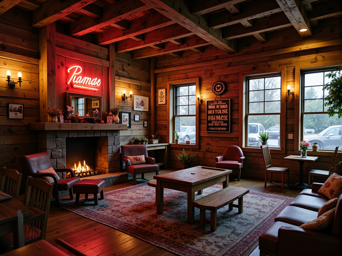 Prompt: Rustic game room, wooden accents, reclaimed wood walls, vintage signs, neon lights, cozy atmosphere, warm color palette, earthy tones, natural stone fireplace, distressed finishes, industrial metal decor, eclectic furniture, rich textures, softbox lighting, cinematic composition, atmospheric depth of field.